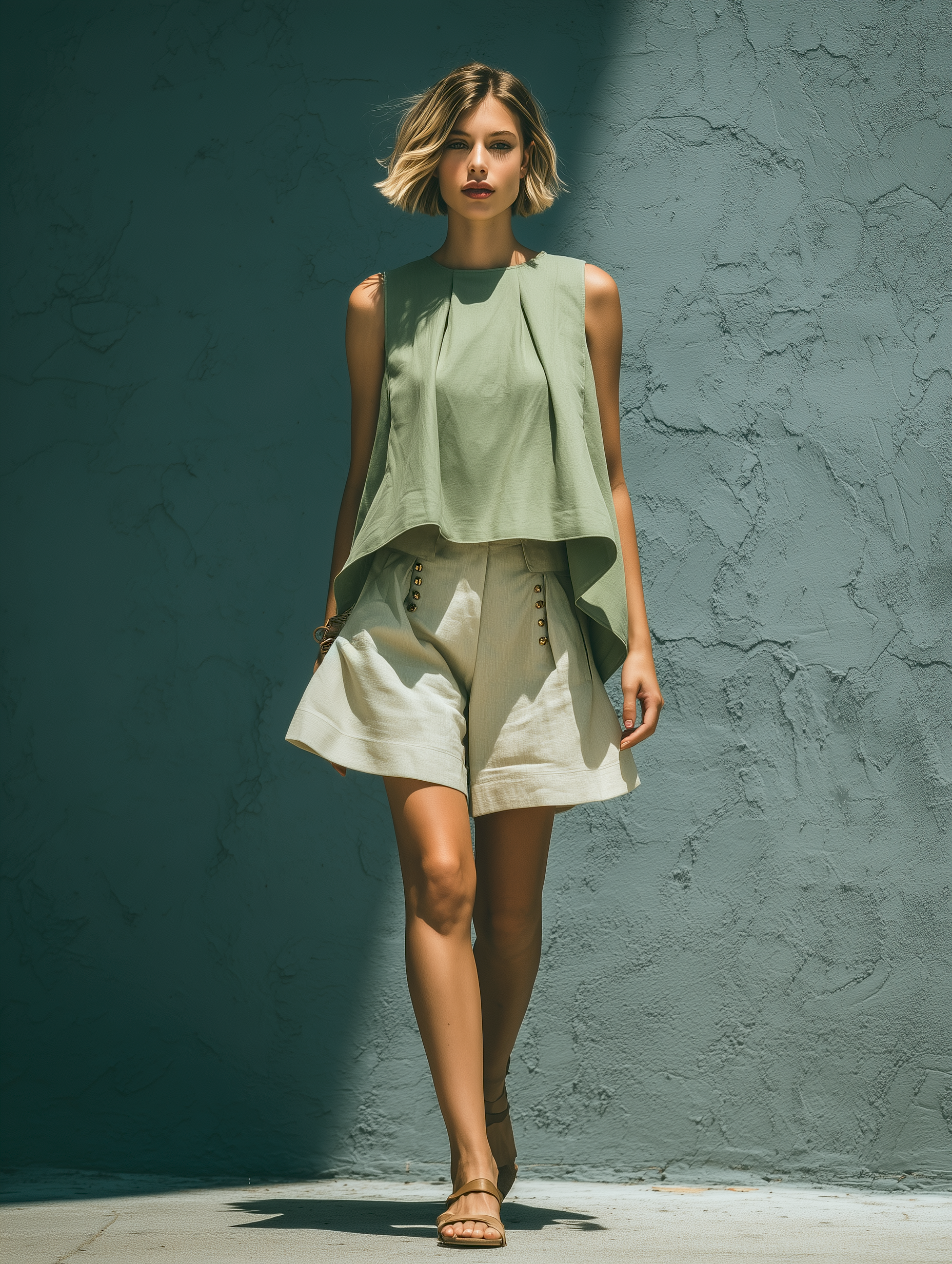 Women’s Sage Green Sleeveless Asymmetrical Hem Crop Top & Beige High-Waisted Button Detail Wide-Leg Shorts Two-Piece Set MDZ1059D6T