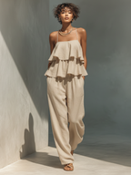 Beige Linen Spaghetti Strap Tiered Ruffle Wide-Leg Jumpsuit