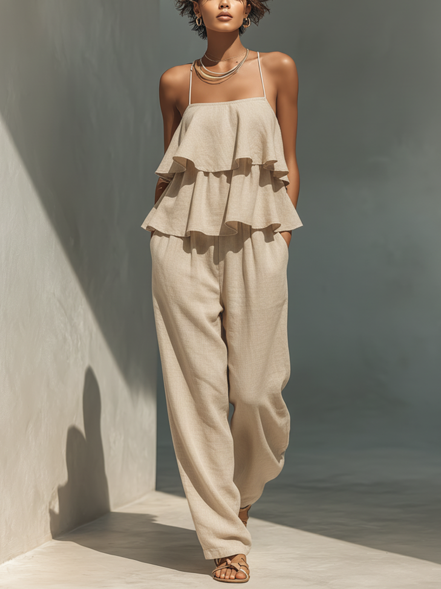 Beige Linen Spaghetti Strap Tiered Ruffle Wide-Leg Jumpsuit