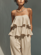 Beige Linen Spaghetti Strap Tiered Ruffle Wide-Leg Jumpsuit