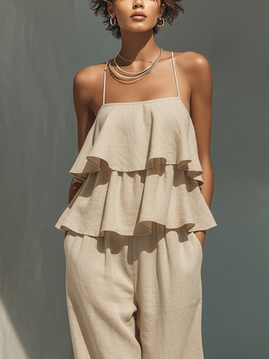Beige Linen Spaghetti Strap Tiered Ruffle Wide-Leg Jumpsuit