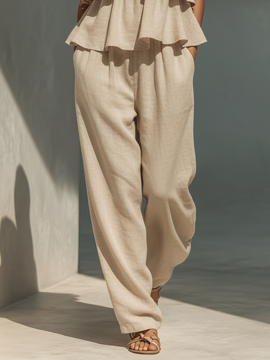 Beige Linen Spaghetti Strap Tiered Ruffle Wide-Leg Jumpsuit