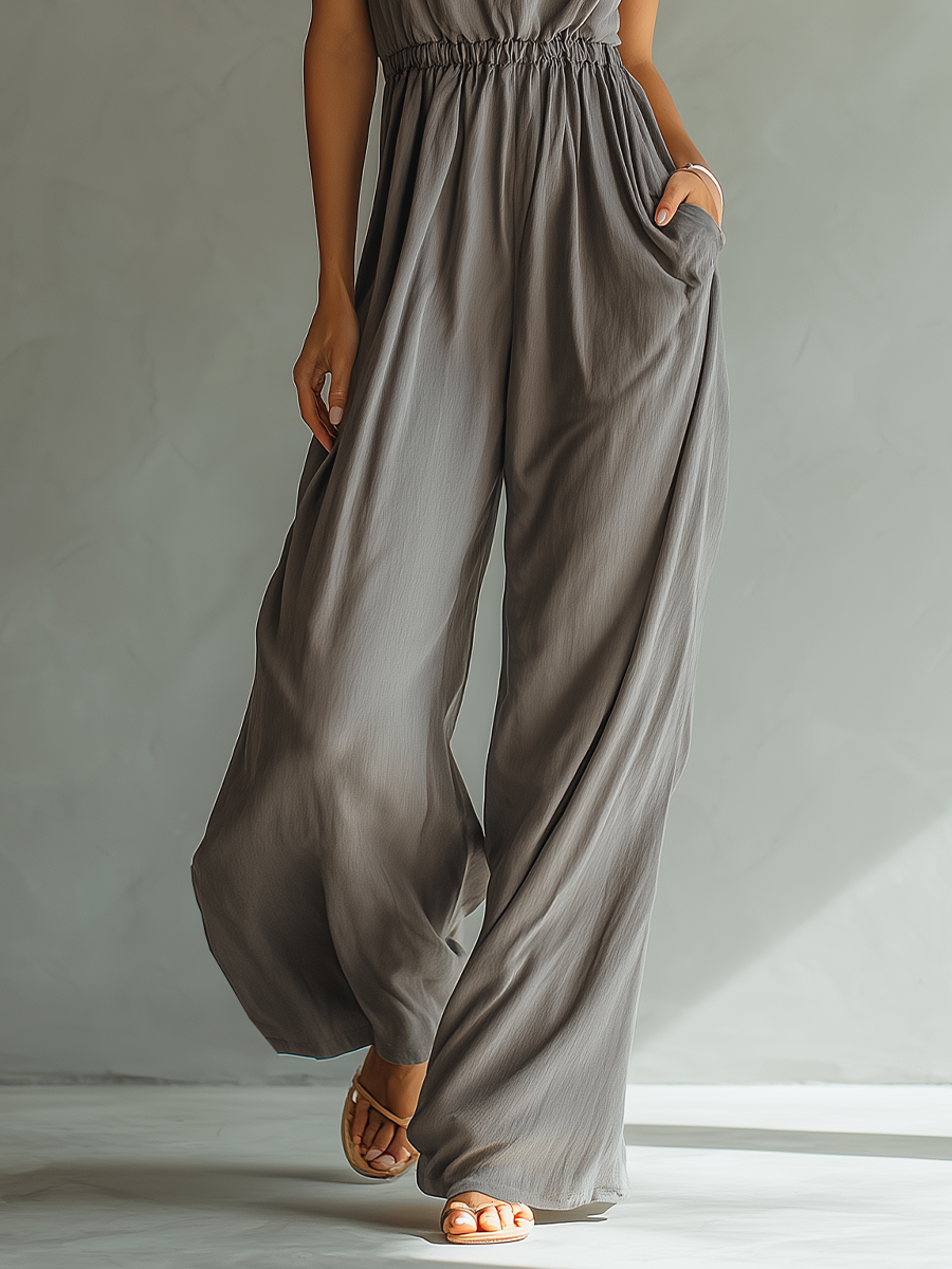 Charcoal Linen Spaghetti Strap Smocked Waist Jumpsuit