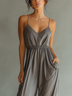 Charcoal Linen Spaghetti Strap Smocked Waist Jumpsuit