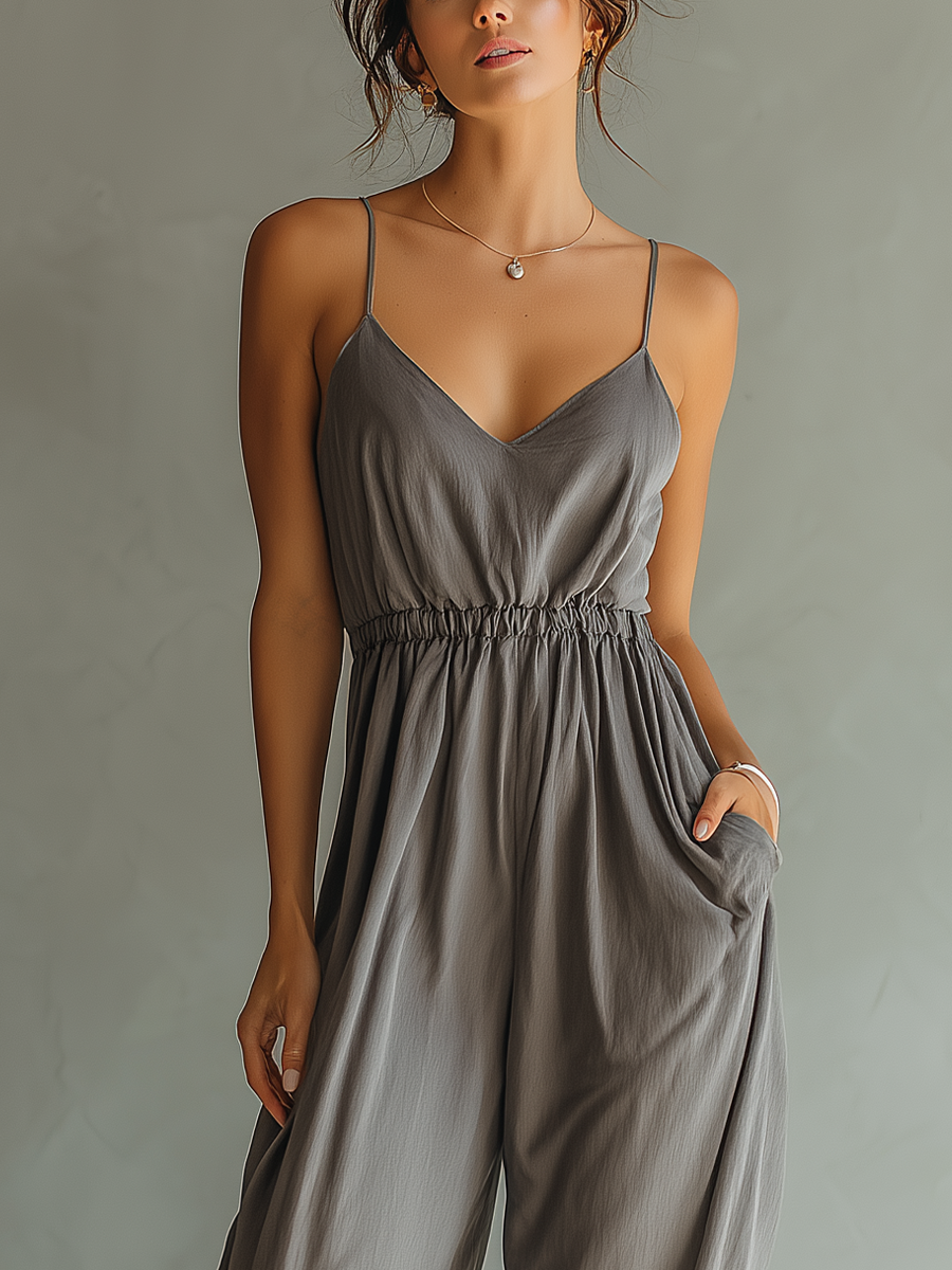 Charcoal Linen Spaghetti Strap Smocked Waist Jumpsuit