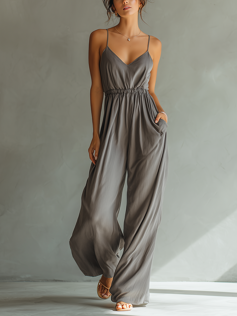 Charcoal Linen Spaghetti Strap Smocked Waist Jumpsuit
