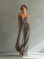 Charcoal Linen Spaghetti Strap Smocked Waist Jumpsuit