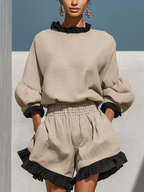 Beige Ruffle Trim Blouse & Ruffle Shorts Set