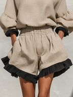 Beige Ruffle Trim Blouse & Ruffle Shorts Set