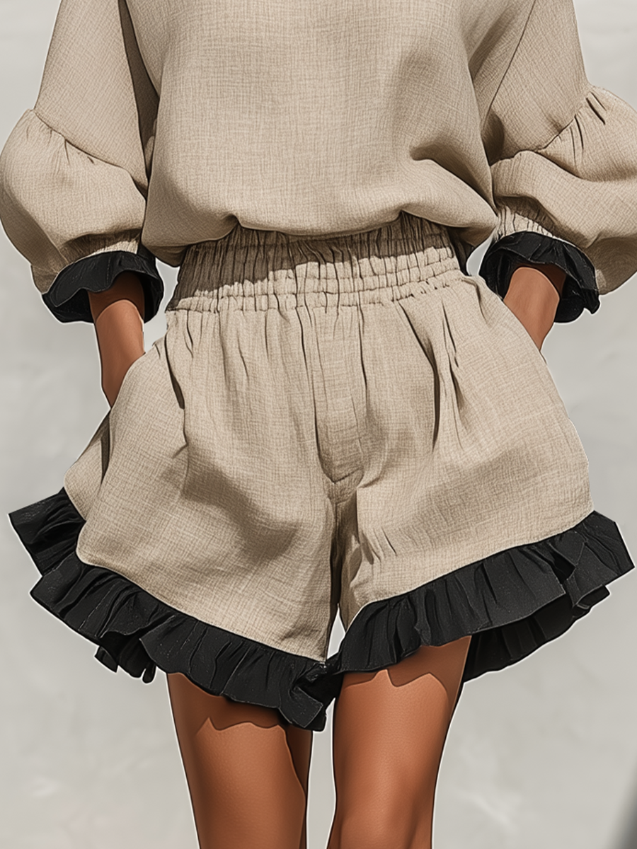Beige Ruffle Trim Blouse & Ruffle Shorts Set