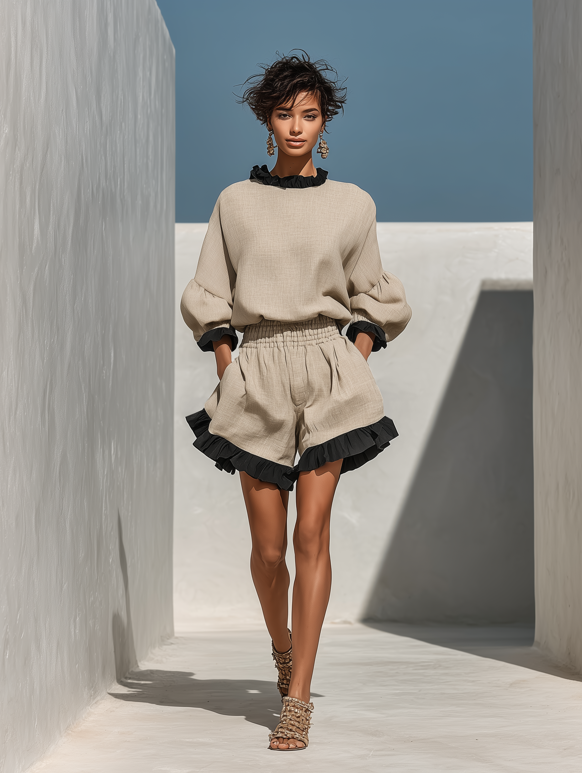 Beige Ruffle Trim Blouse & Ruffle Shorts Set