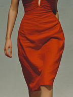 Women’s Retro Red Linen-Blend Halter Neck Keyhole Ruched Waist Bodycon Midi Dress MDZ1028D6T