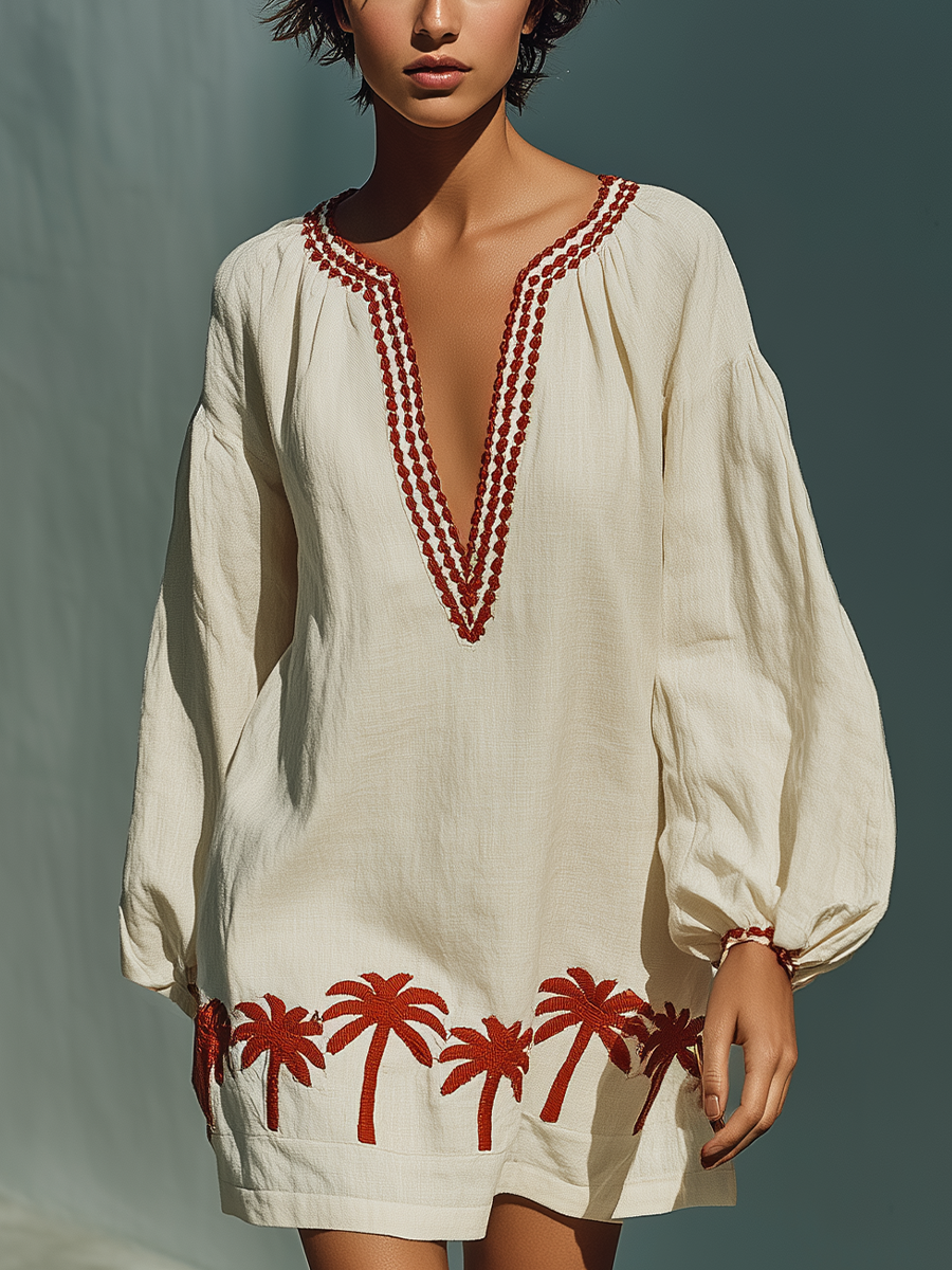 Off-White Linen Palm Tree Embroidered Long-Sleeve Mini Dress