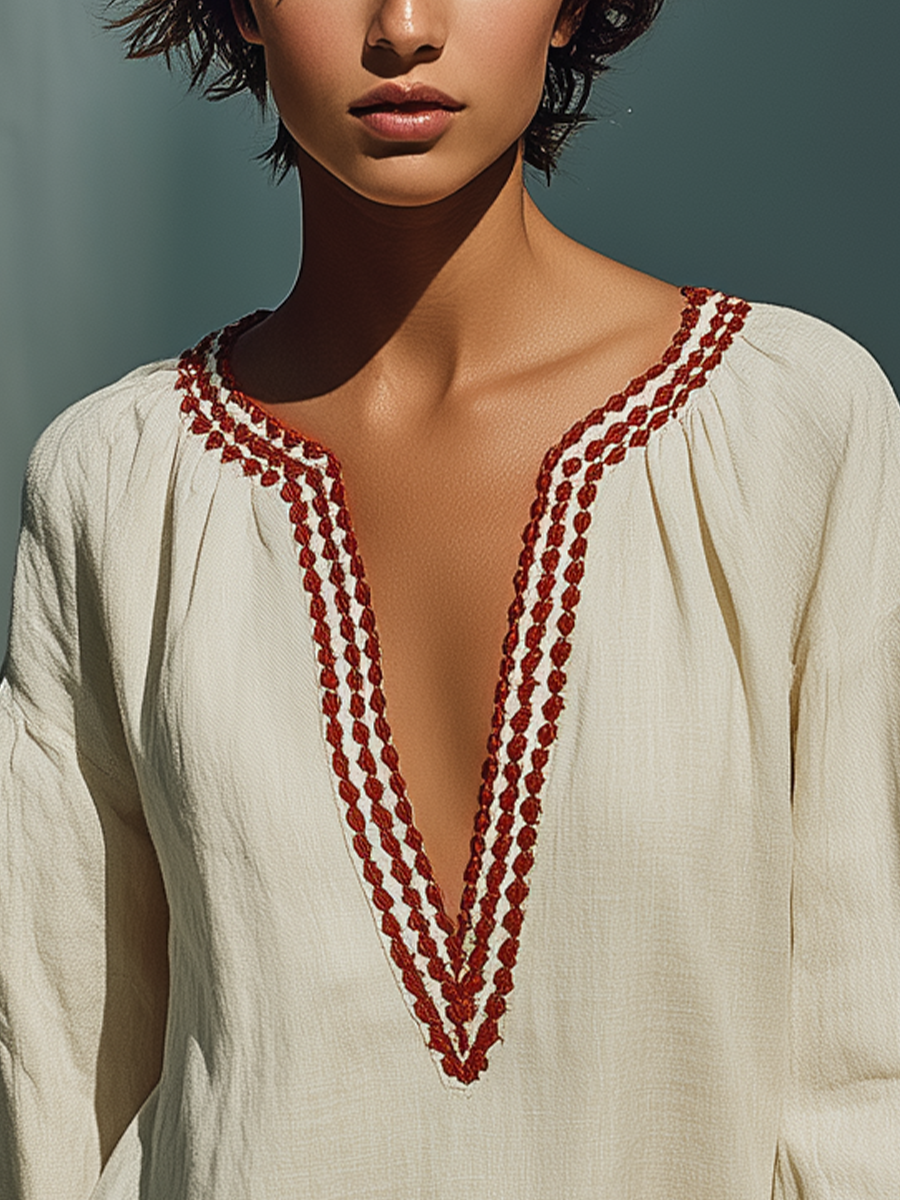 Off-White Linen Palm Tree Embroidered Long-Sleeve Mini Dress