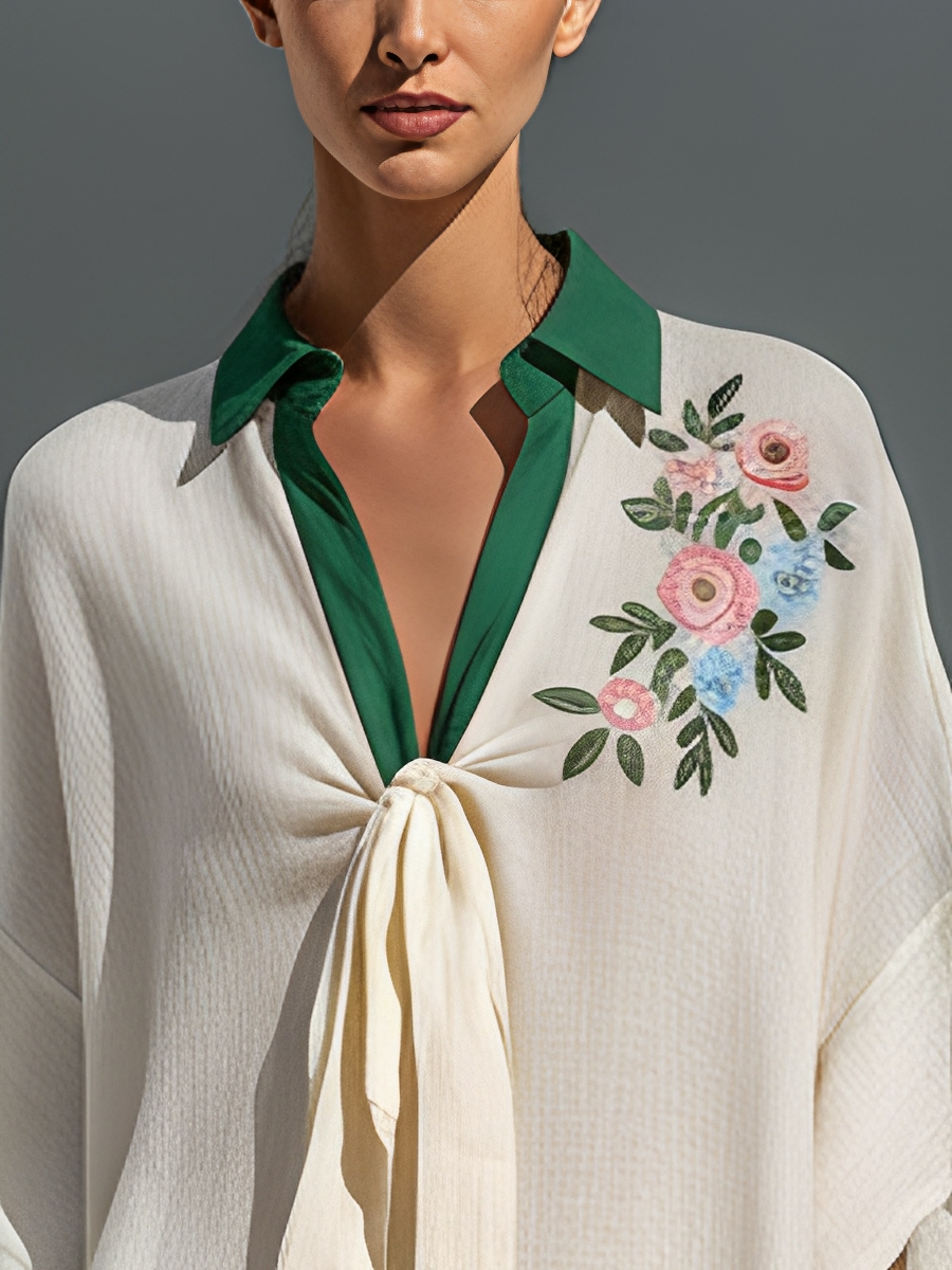Off-White Floral Embroidered Tie-Neck Mini Dress