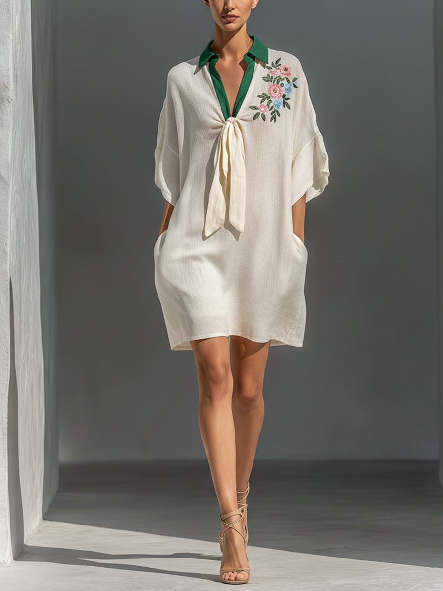 Off-White Floral Embroidered Tie-Neck Mini Dress