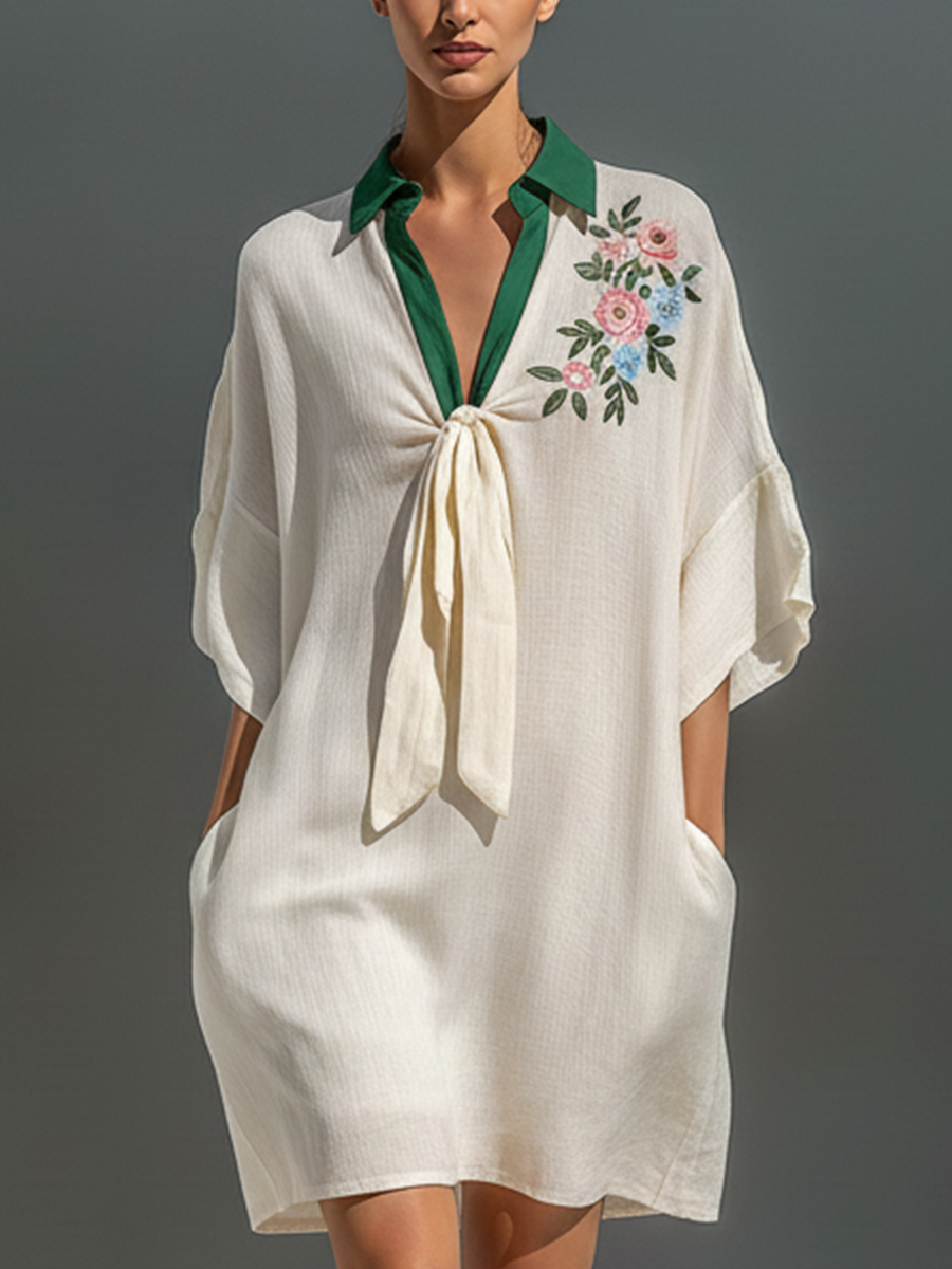 Off-White Floral Embroidered Tie-Neck Mini Dress