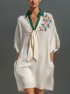 Off-White Floral Embroidered Tie-Neck Mini Dress