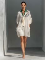 Off-White Floral Embroidered Tie-Neck Mini Dress