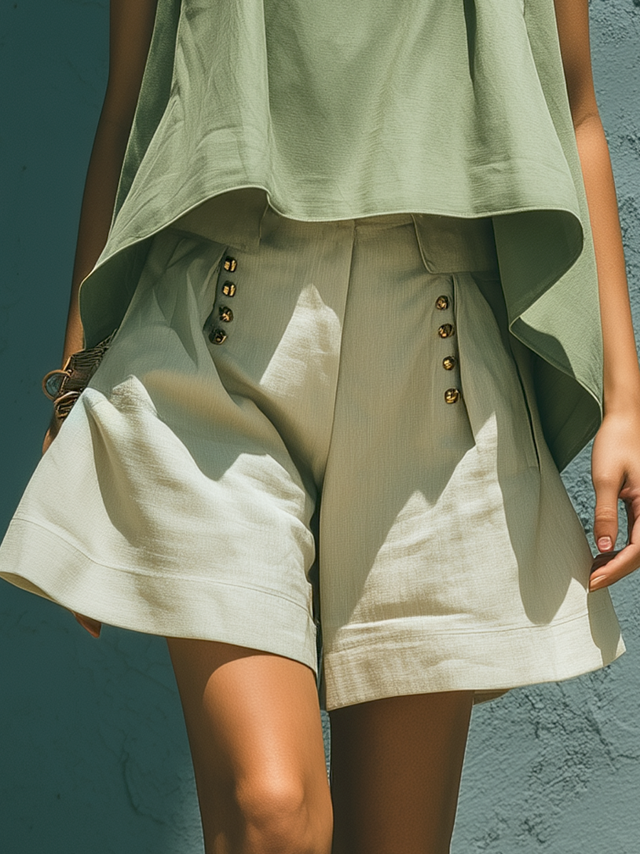 Women’s Sage Green Sleeveless Asymmetrical Hem Crop Top & Beige High-Waisted Button Detail Wide-Leg Shorts Two-Piece Set MDZ1059D6T