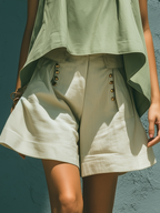 Women’s Sage Green Sleeveless Asymmetrical Hem Crop Top & Beige High-Waisted Button Detail Wide-Leg Shorts Two-Piece Set MDZ1059D6T