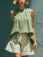 Women’s Sage Green Sleeveless Asymmetrical Hem Crop Top & Beige High-Waisted Button Detail Wide-Leg Shorts Two-Piece Set MDZ1059D6T