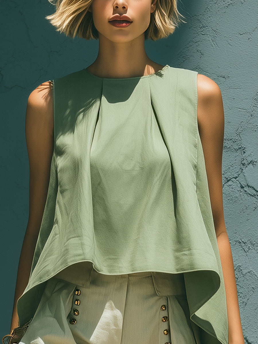 Women’s Sage Green Sleeveless Asymmetrical Hem Crop Top & Beige High-Waisted Button Detail Wide-Leg Shorts Two-Piece Set MDZ1059D6T