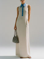 White & Blue Patchwork Shirt Collar Sleeveless Long Dress