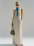 White & Blue Patchwork Shirt Collar Sleeveless Long Dress