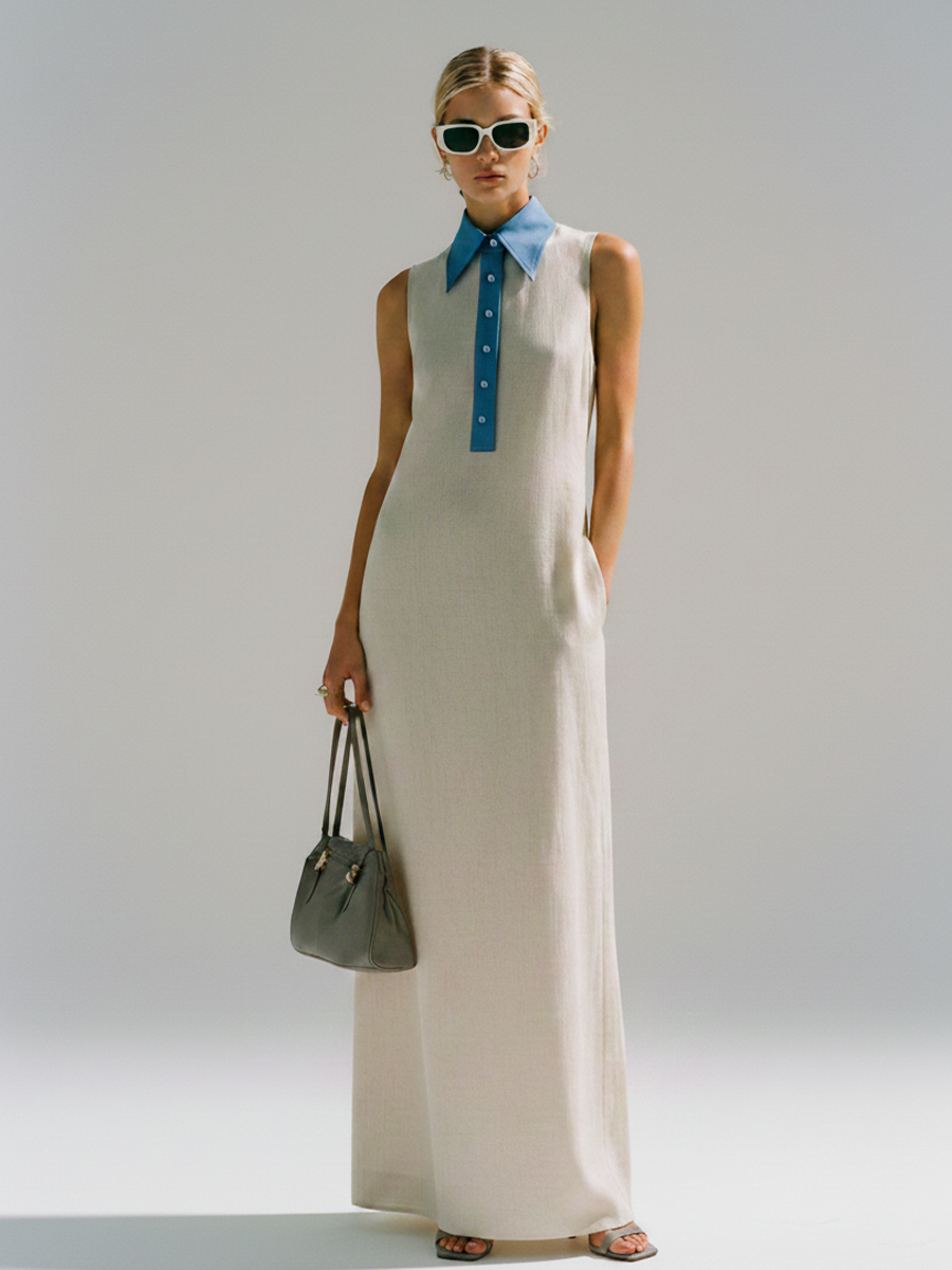 White & Blue Patchwork Shirt Collar Sleeveless Long Dress