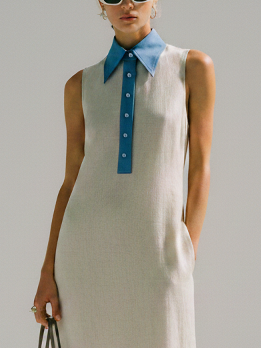 White & Blue Patchwork Shirt Collar Sleeveless Long Dress