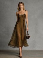 Women's Sexy Brown Sheer Chiffon Black Trim Camisole Midi Dress MDZ1032D9GMJ