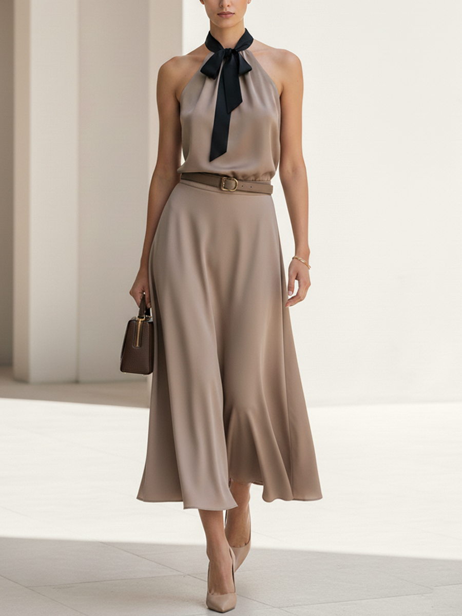 Women's Elegant Khaki Satin Color-blocked Black Belted Midi Dress MDZ1090D6GMJ