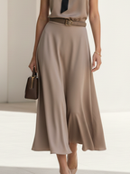 Women's Elegant Khaki Satin Color-blocked Black Belted Midi Dress MDZ1090D6GMJ