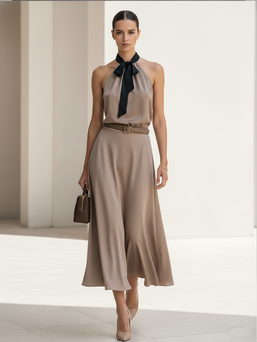 Women's Elegant Khaki Satin Color-blocked Black Belted Midi Dress MDZ1090D6GMJ