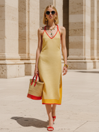 Women's Fashionable Yellow Cotton Linen Color Block Red Piping Spaghetti Strap V-Neck Side Slit Midi Dress MDZ1087D6GMJ