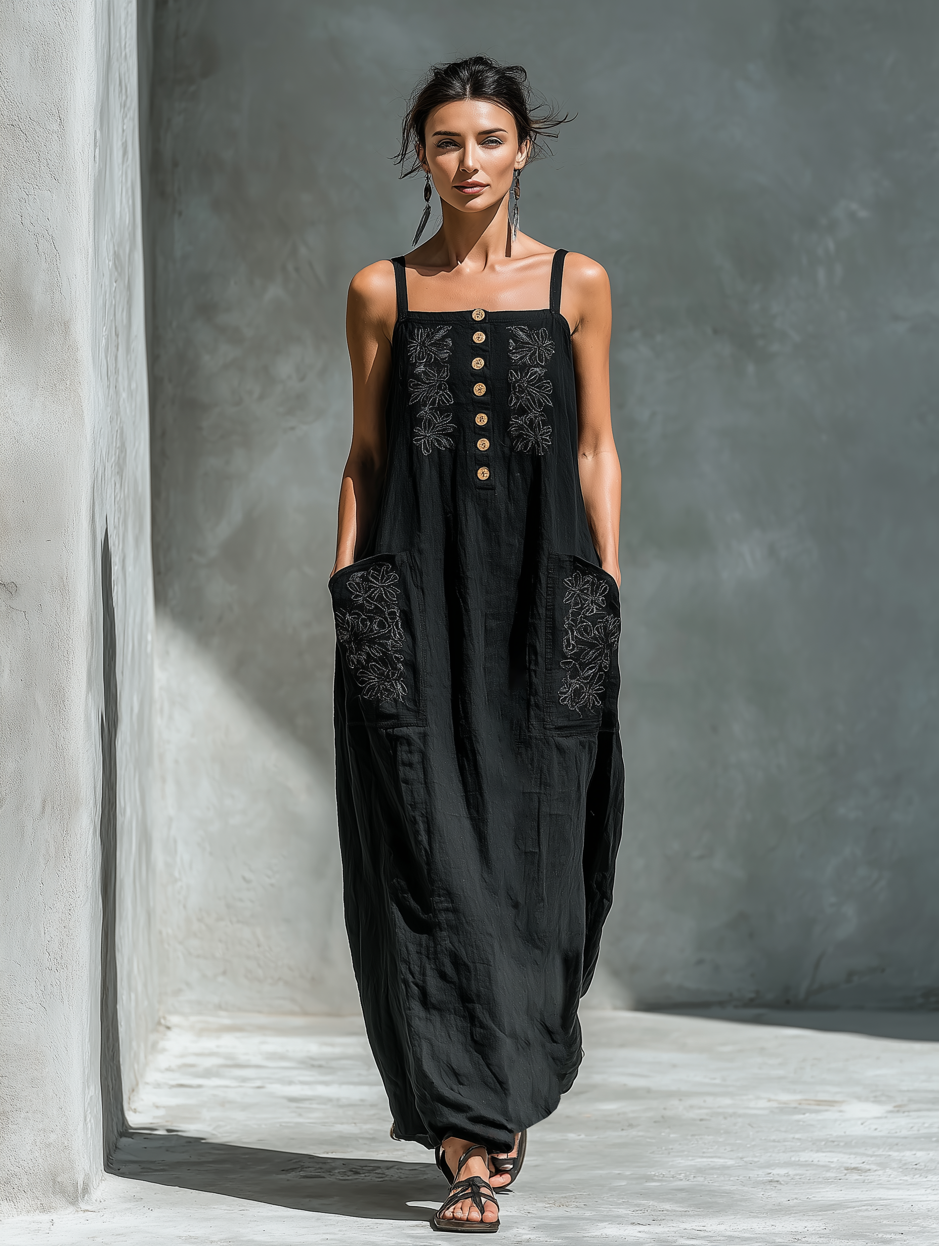 Women’s Black Linen-Blend Spaghetti Strap Floral Embroidered Button-Front Maxi Dress MDZ1180D8T