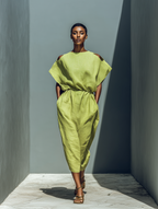 Lime Green Linen Cold-Shoulder Midi Dress