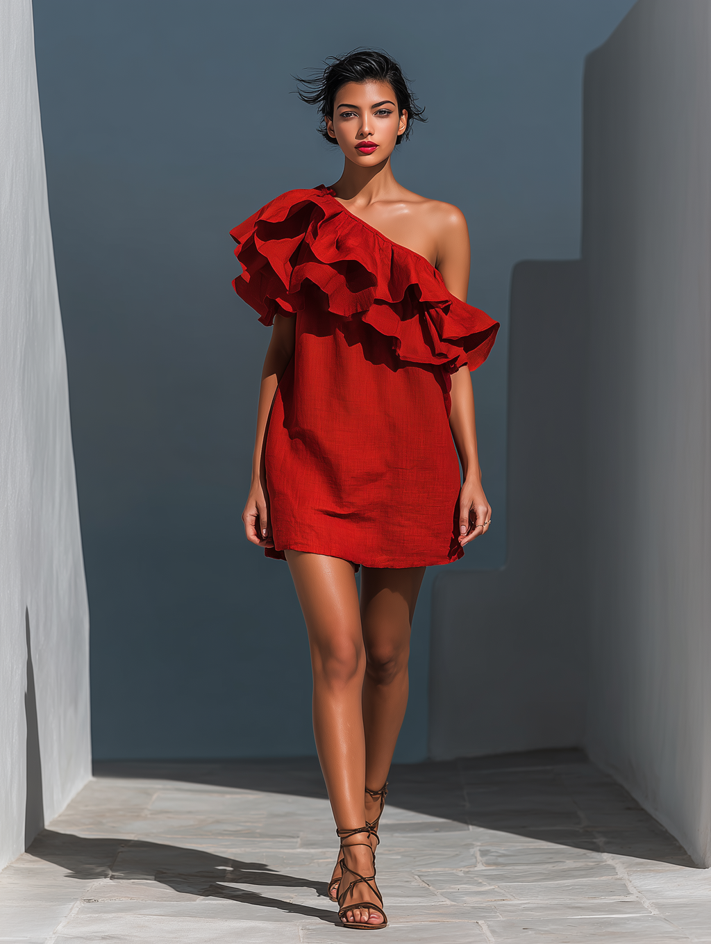 Red Linen One-Shoulder Tiered Ruffle Mini Dress