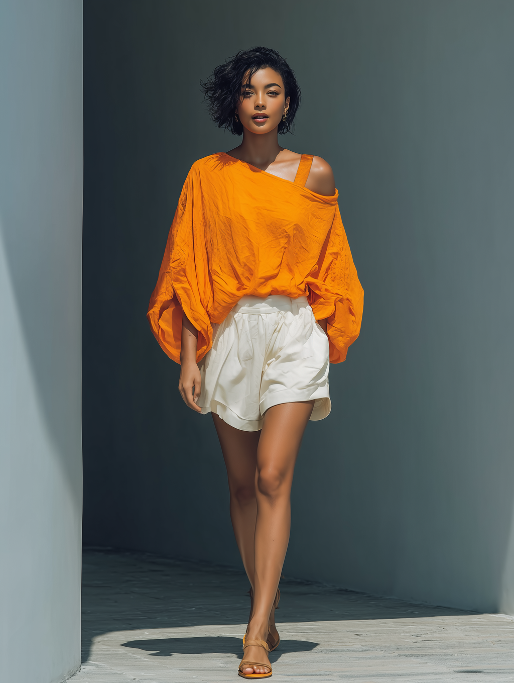 Orange Batwing Cold-Shoulder Top & Ruffle Shorts Set