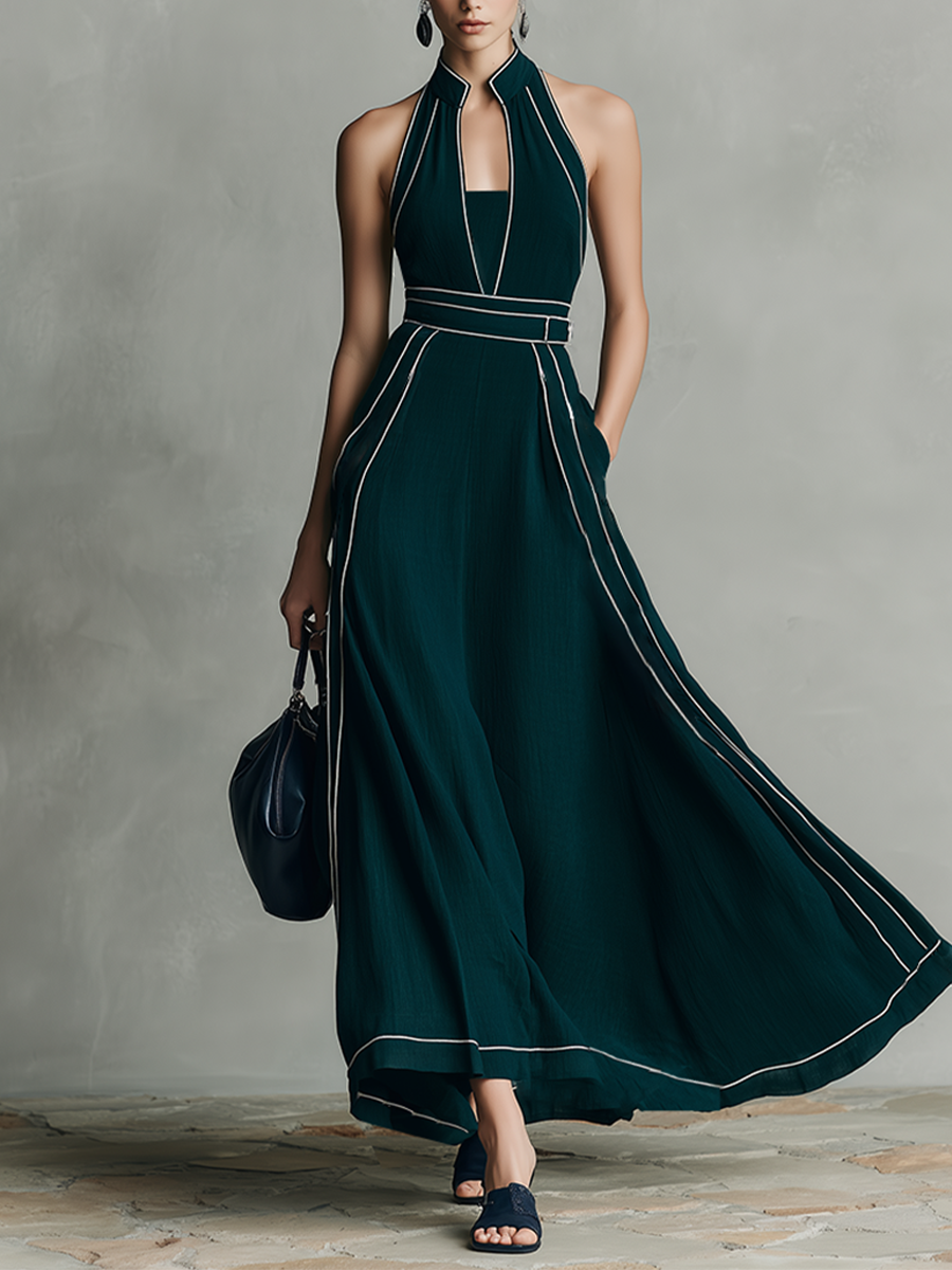 Women's Deep Green Cotton Blend Maxi Dress With Halter Neck & Contrast Piping, Timeless Elegant-Evening Style Dress MDZ1165D7I