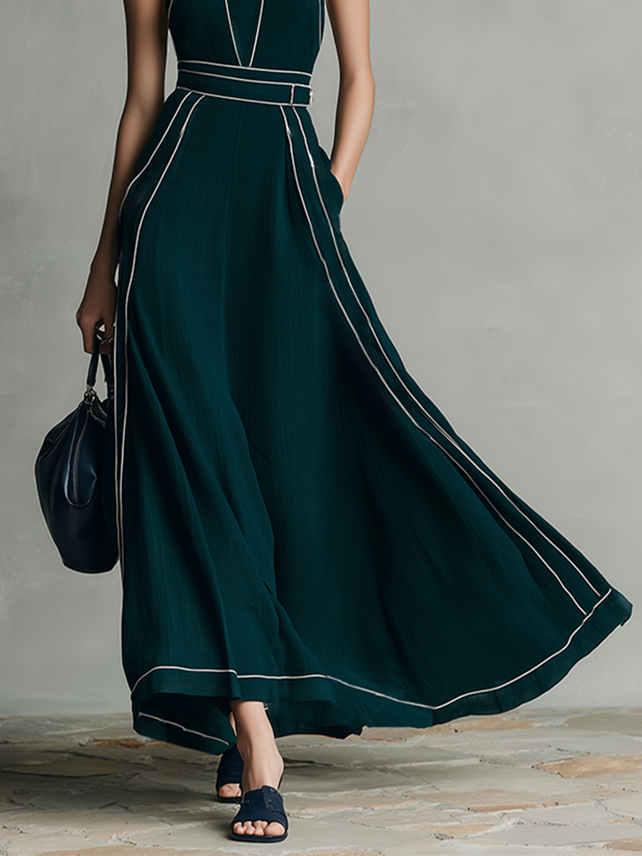 Women's Deep Green Cotton Blend Maxi Dress With Halter Neck & Contrast Piping, Timeless Elegant-Evening Style Dress MDZ1165D7I