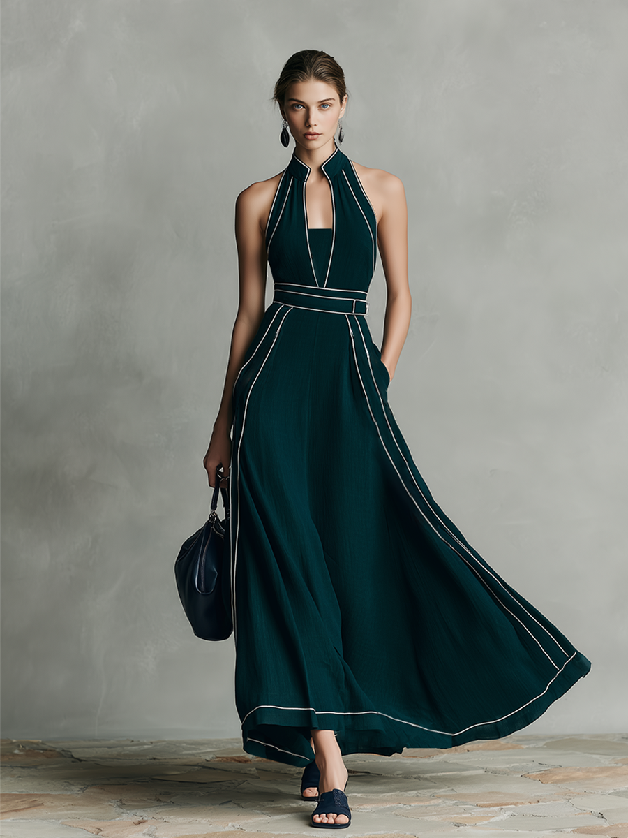 Women's Deep Green Cotton Blend Maxi Dress With Halter Neck & Contrast Piping, Timeless Elegant-Evening Style Dress MDZ1165D7I