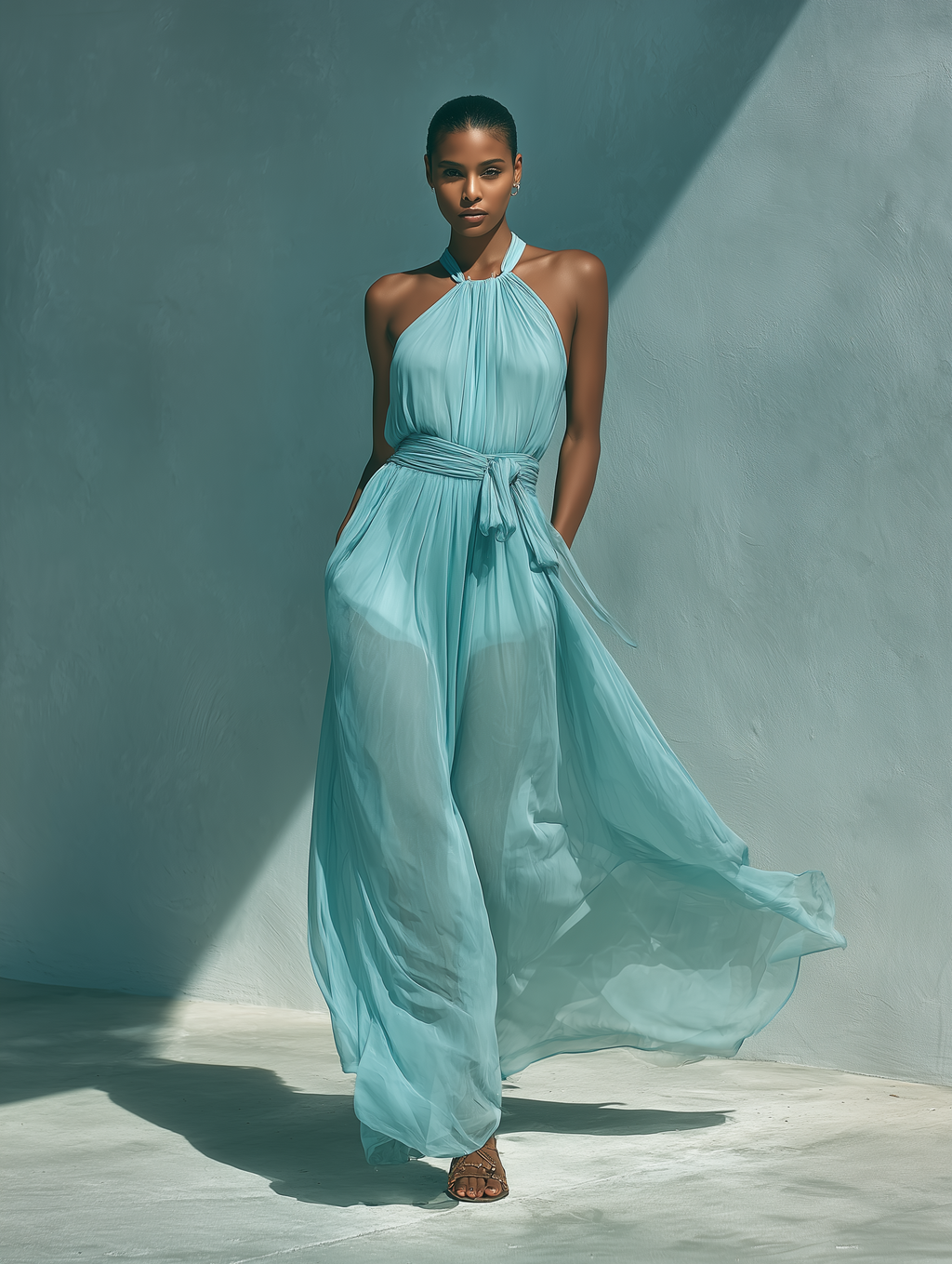 Women’s Turquoise Chiffon Halter Neck Tie-Waist Pleated Flowy Maxi Dress MDZ1133D8T
