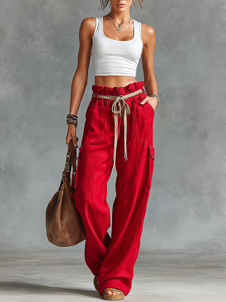 White & Red Linen Crop Tank & Cargo Pants Set