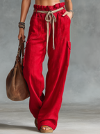 White & Red Linen Crop Tank & Cargo Pants Set