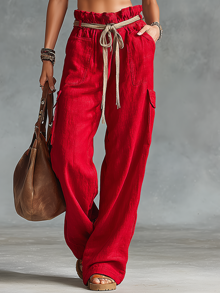 White & Red Linen Crop Tank & Cargo Pants Set