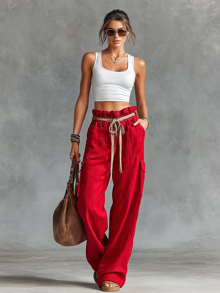 White & Red Linen Crop Tank & Cargo Pants Set