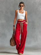 White & Red Linen Crop Tank & Cargo Pants Set