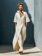 Women’s Off-White Linen-Blend Collared Wrap Front Tie-Waist Maxi Shirt Dress MDZ1121D0T